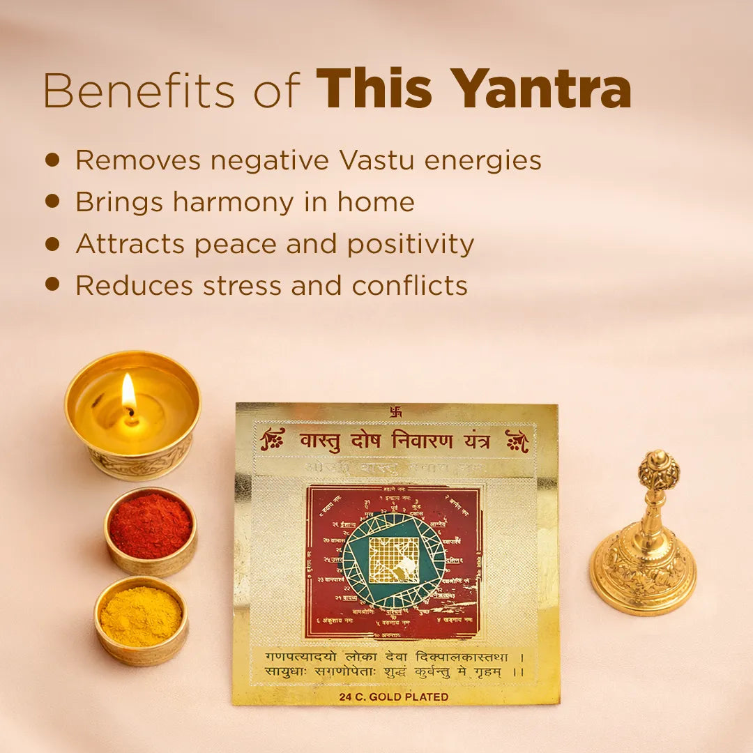 Yantra with candles and colors on a beige background, listing benefits of the Yantra.Vastu Dosh Nivaran Yantra – 24K Gold Plated Vastu Correction Yantra