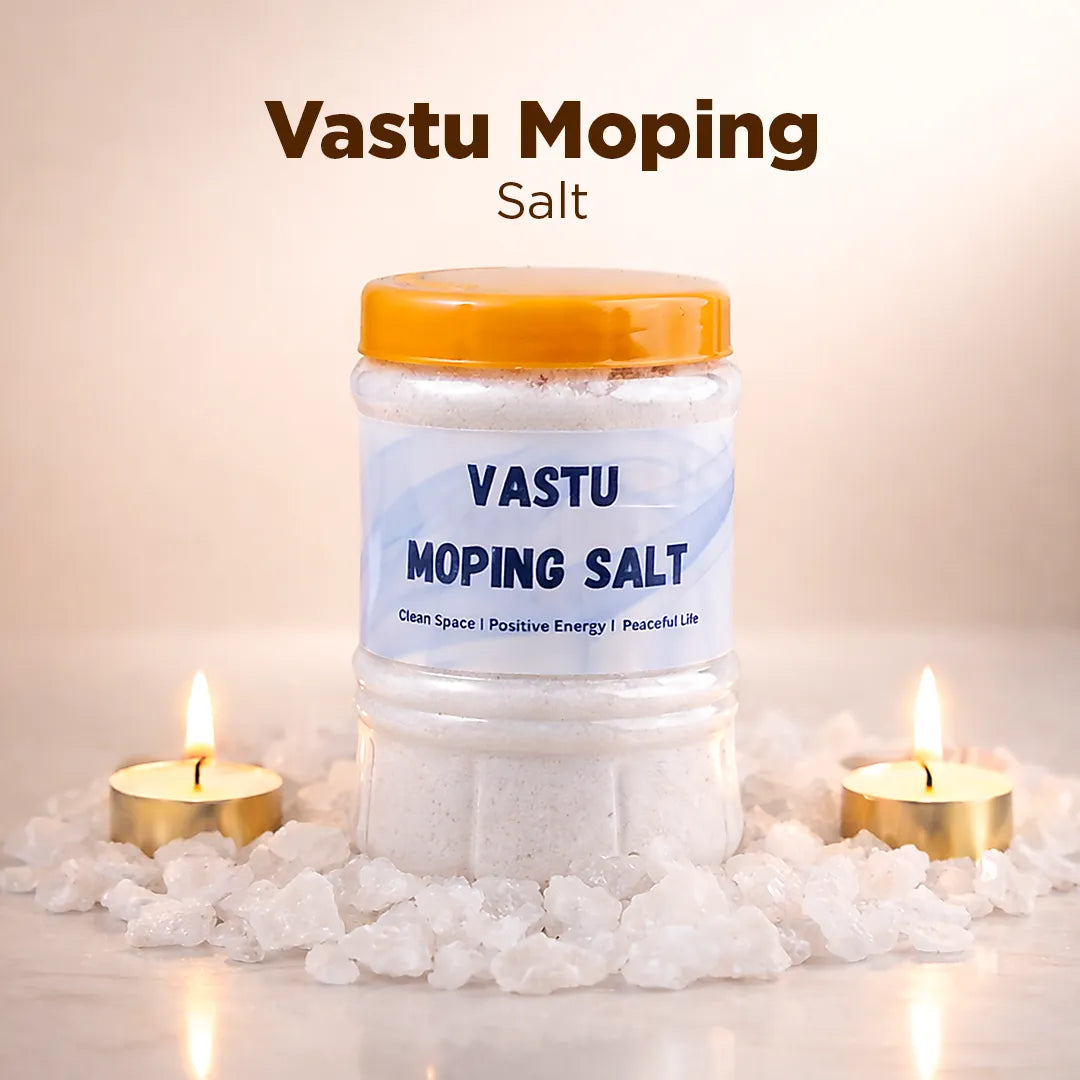 Jar of Vastu Moping Salt with candles on a light background