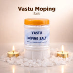 Jar of Vastu Moping Salt with candles on a light background
