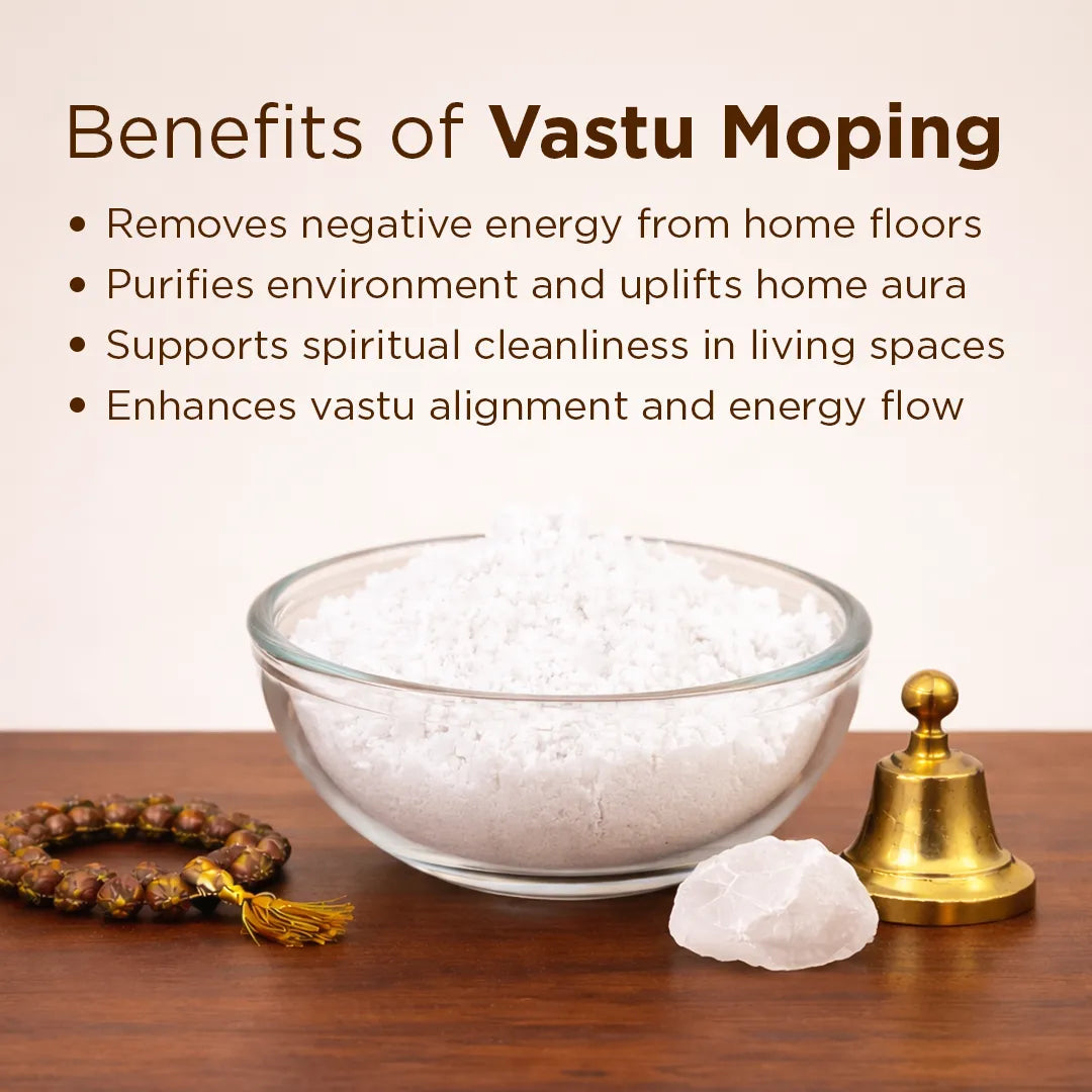 Benefits of Vastu Moping with a bowl of salt, bell, and bracelet on a wooden surface.Vastu Moping Salt – Negative Energy Removal Floor Cleaning Salt