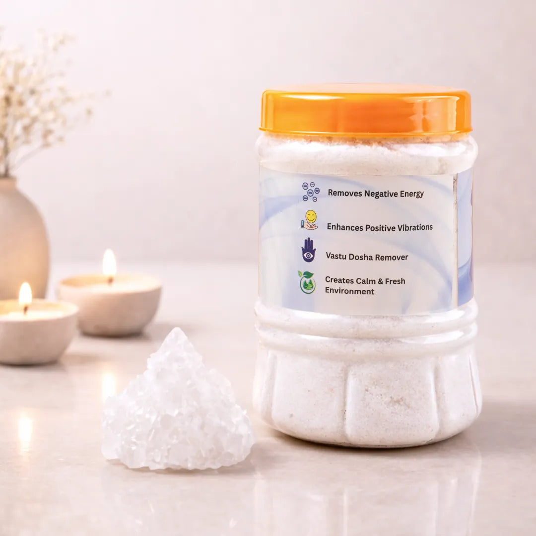 Jar of crystals with an orange lid on a light background with candles and decorative elements.