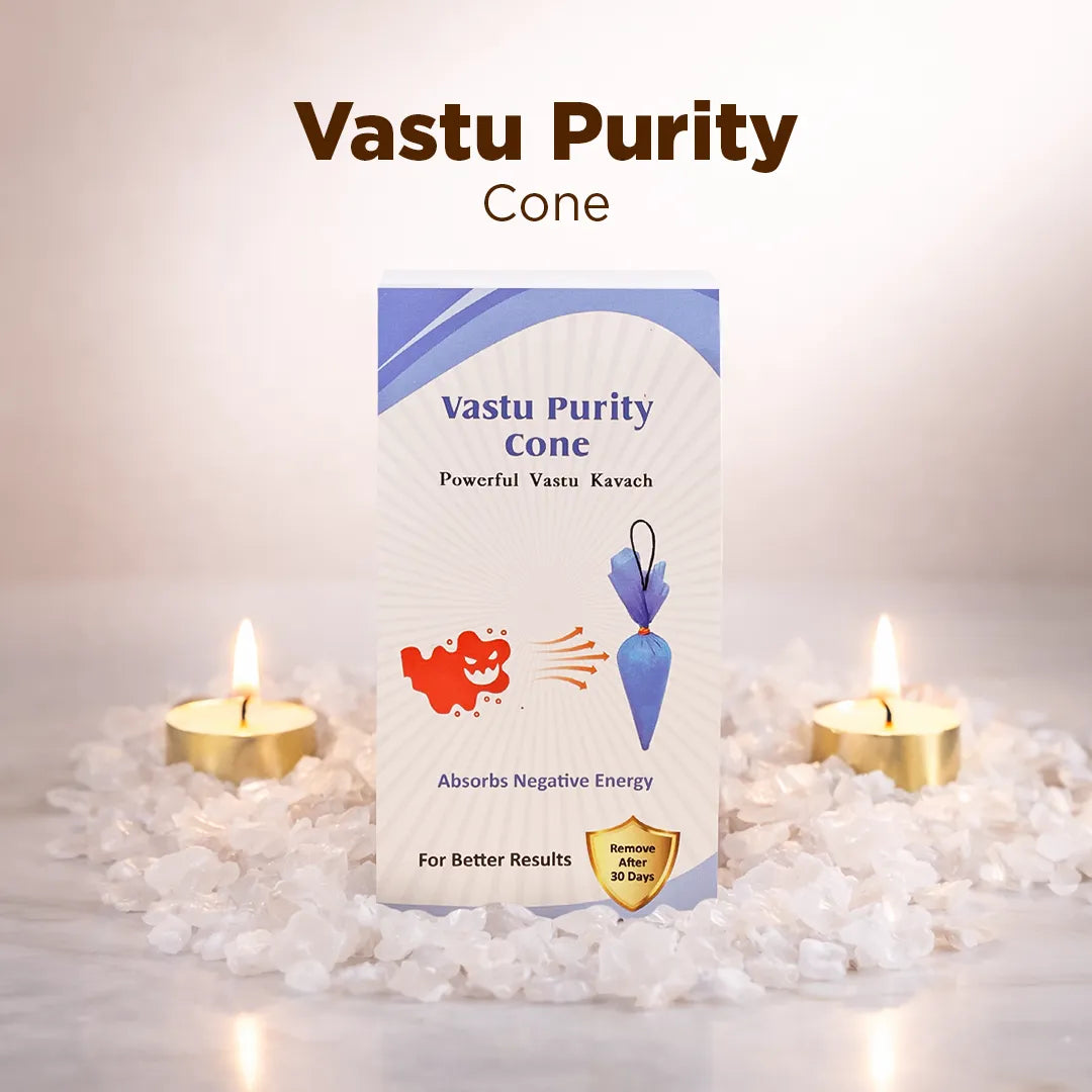 Vastu Purity Cone packaging with candles and stones on a light background