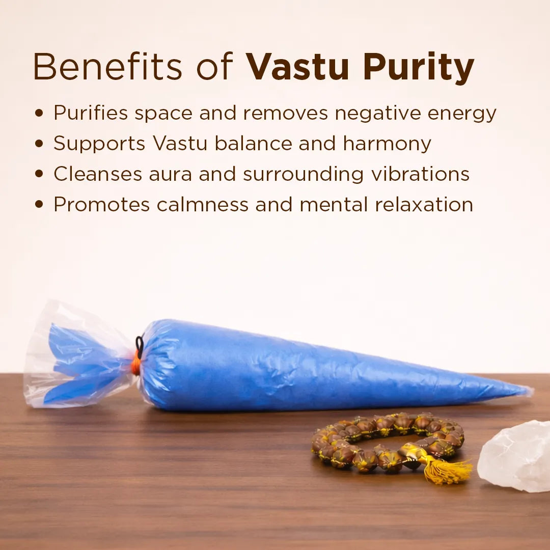 Blue Vastu Purity product on a wooden surface with text about its benefits.