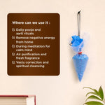 Blue cone-shaped object with text on a beige background