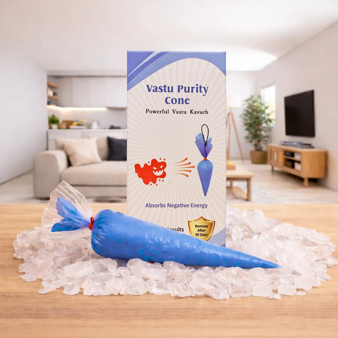 Vastu Purity Cone packaging with a blue cone on a wooden surface in a living room setting.
