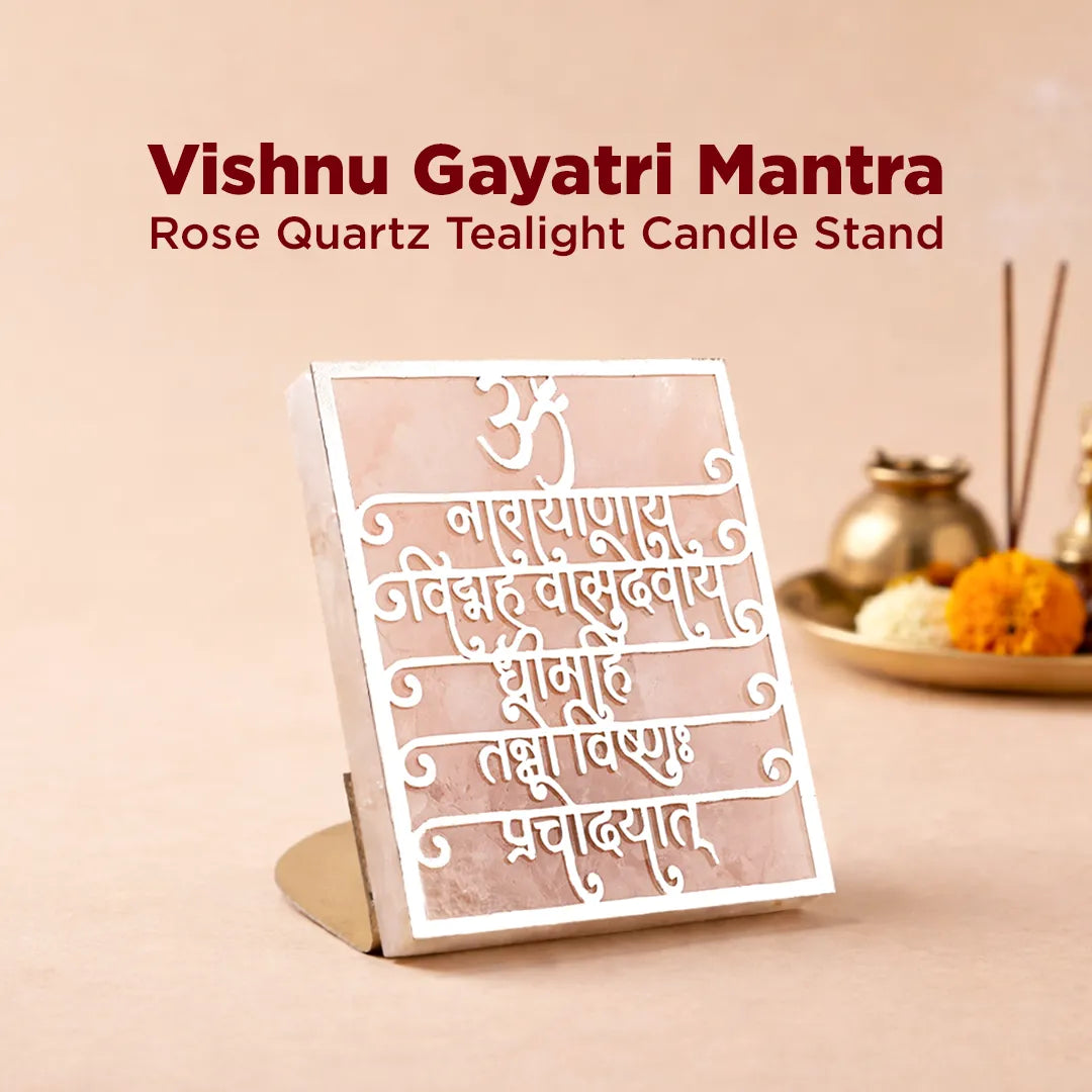 Rose Quartz Tealight Candle Stand with Vishnu Gayatri Mantra on a beige background