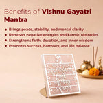 Card with Vishnu Gayatri Mantra on a stand, with text about its benefits on a beige background.