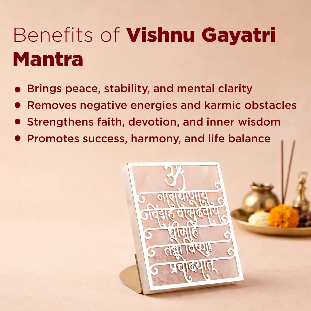 Card with Vishnu Gayatri Mantra on a stand, with text about its benefits on a beige background.