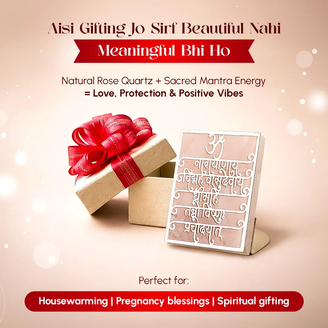 Gift box with red ribbon and decorative card on a beige background with text about rose quartz and sacred mantra energy.Vishnu Gayatri Mantra Rose Quartz Candle Stand for Protection & Balance