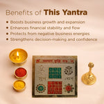 Yantra with candles and powders on a beige background, featuring text on its benefits.