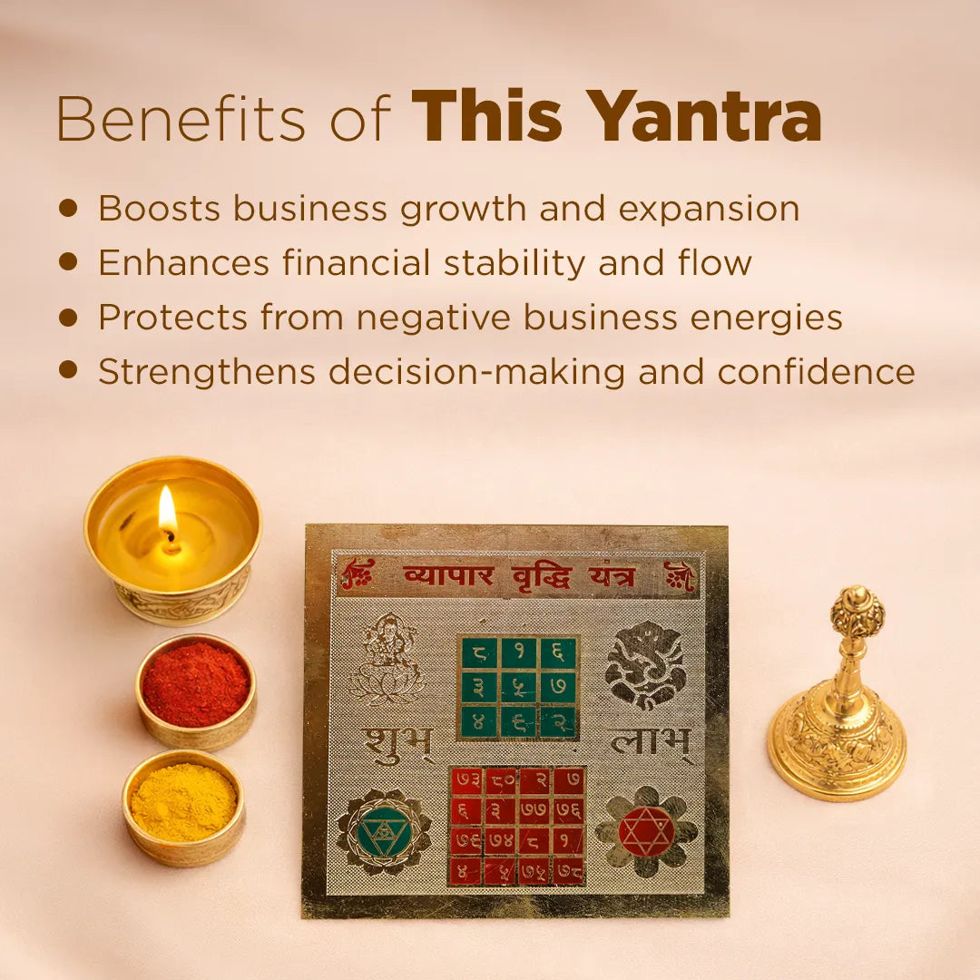 Yantra with candles and powders on a beige background, featuring text on its benefits.