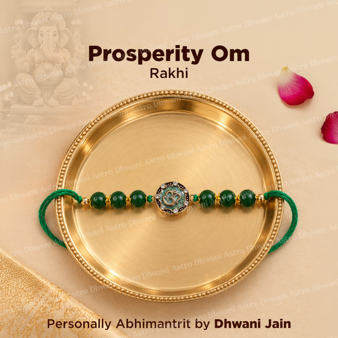 A green beaded Rakhi with a central Om charm, presented on a round gold-colored tray. The image includes text overlays reading 'Prosperity Om Rakhi'