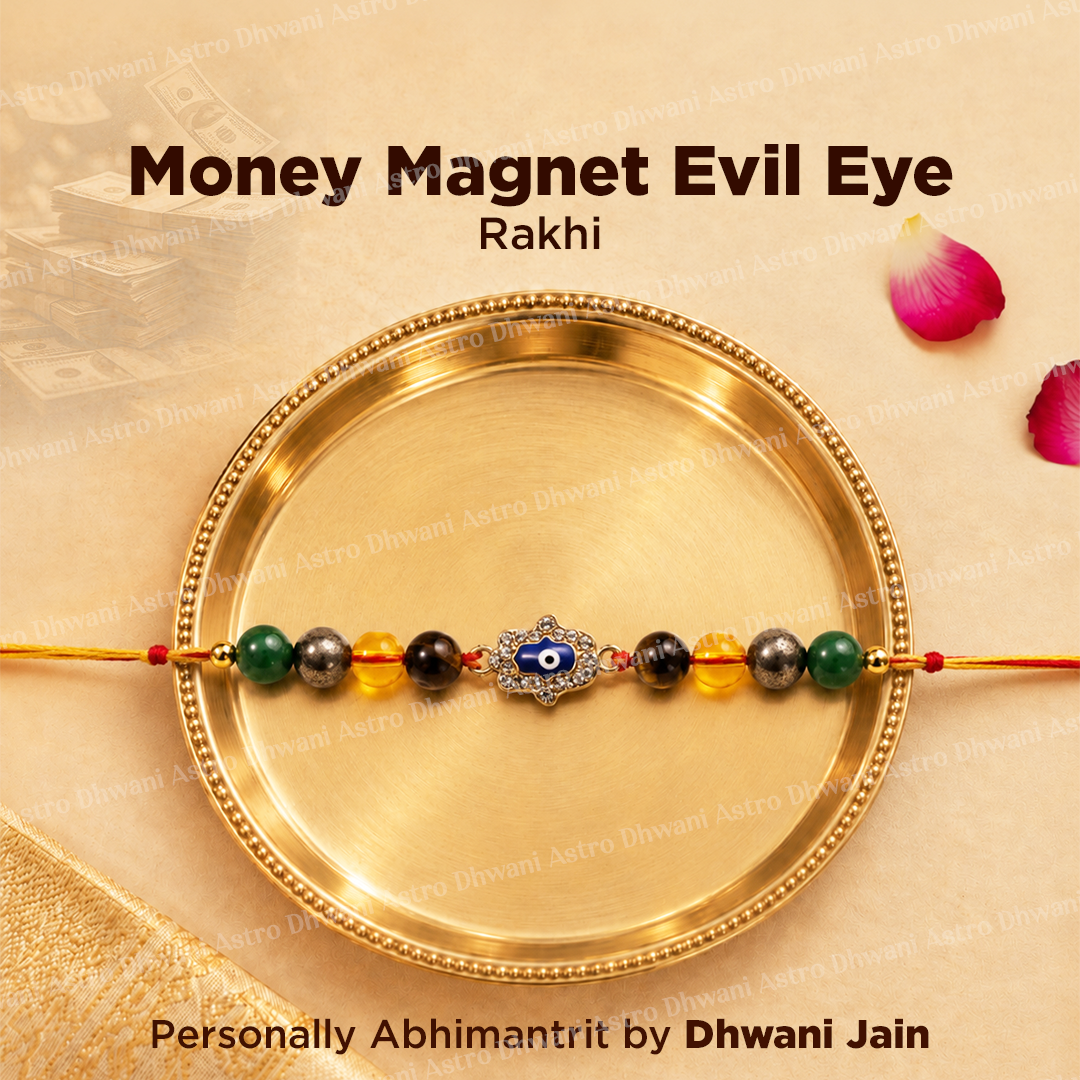 A Rakhi beaded wrist strap with a central evil eye charm, displayed on a round gold-colored metal plate. The text 'Money Magnet Evil Eye Rakhi' is visible at the top, and the background is a textured beige surface with subtle decorative elements.