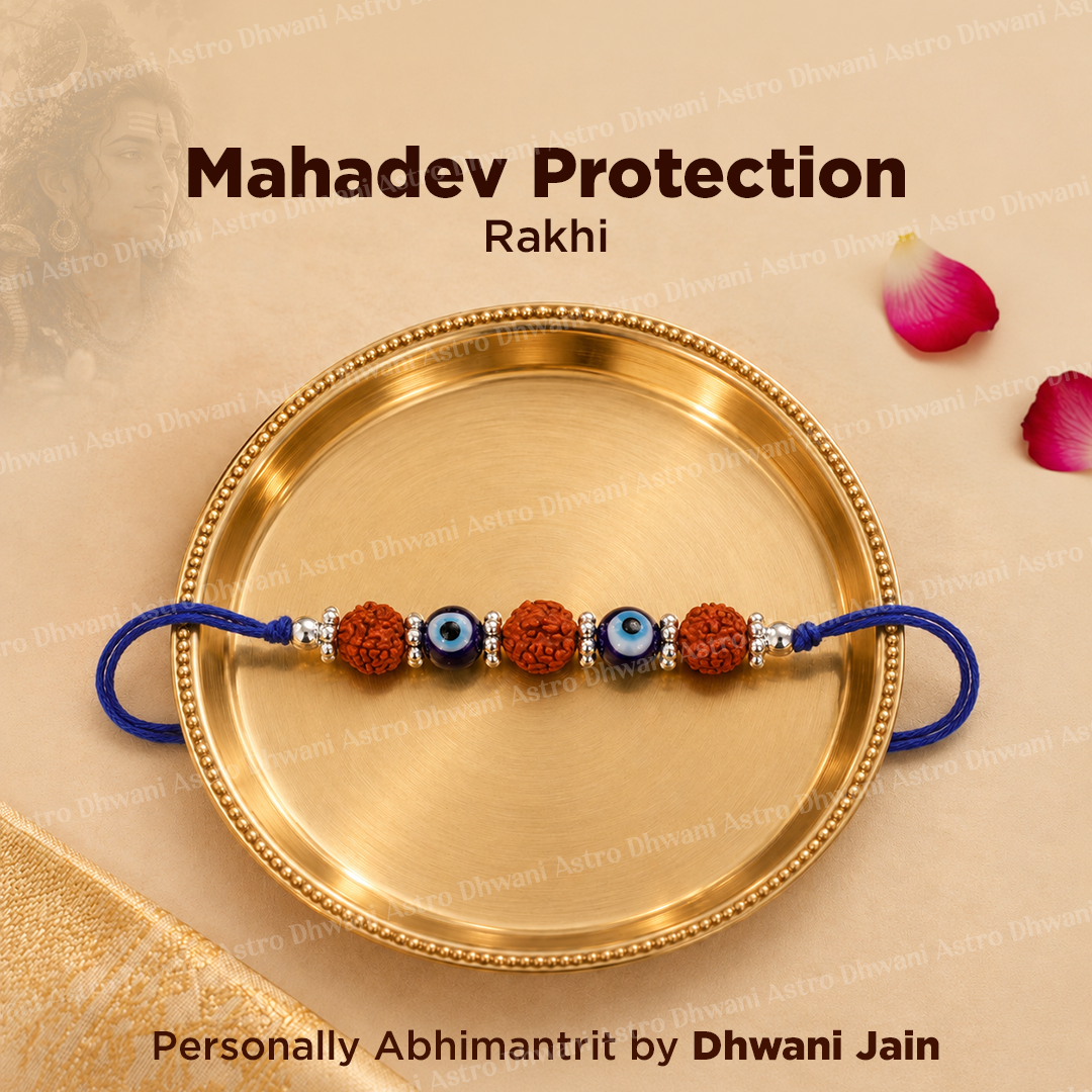 A Mahadev Protection Rakhi bracelet is displayed on a round gold-colored brass plate. The bracelet features Rudraksha beads with evil eye .