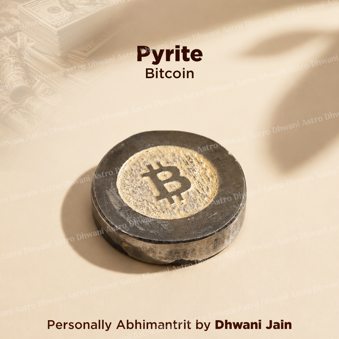 A round black and gold Bitcoin coin sculpture on a beige background with text reading 'Pyrite Bitcoin'.
