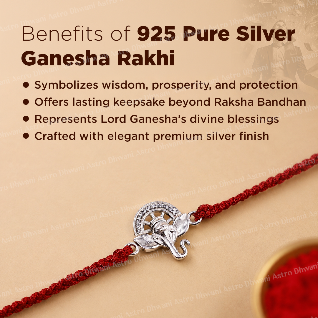 925 Sterling Silver Ganesha Rakhi | Pure Silver Lord Ganesha Rakhi | Handmade Spiritual Raksha Bandhan Thread | Adjustable Sacred Rakhi for Brother