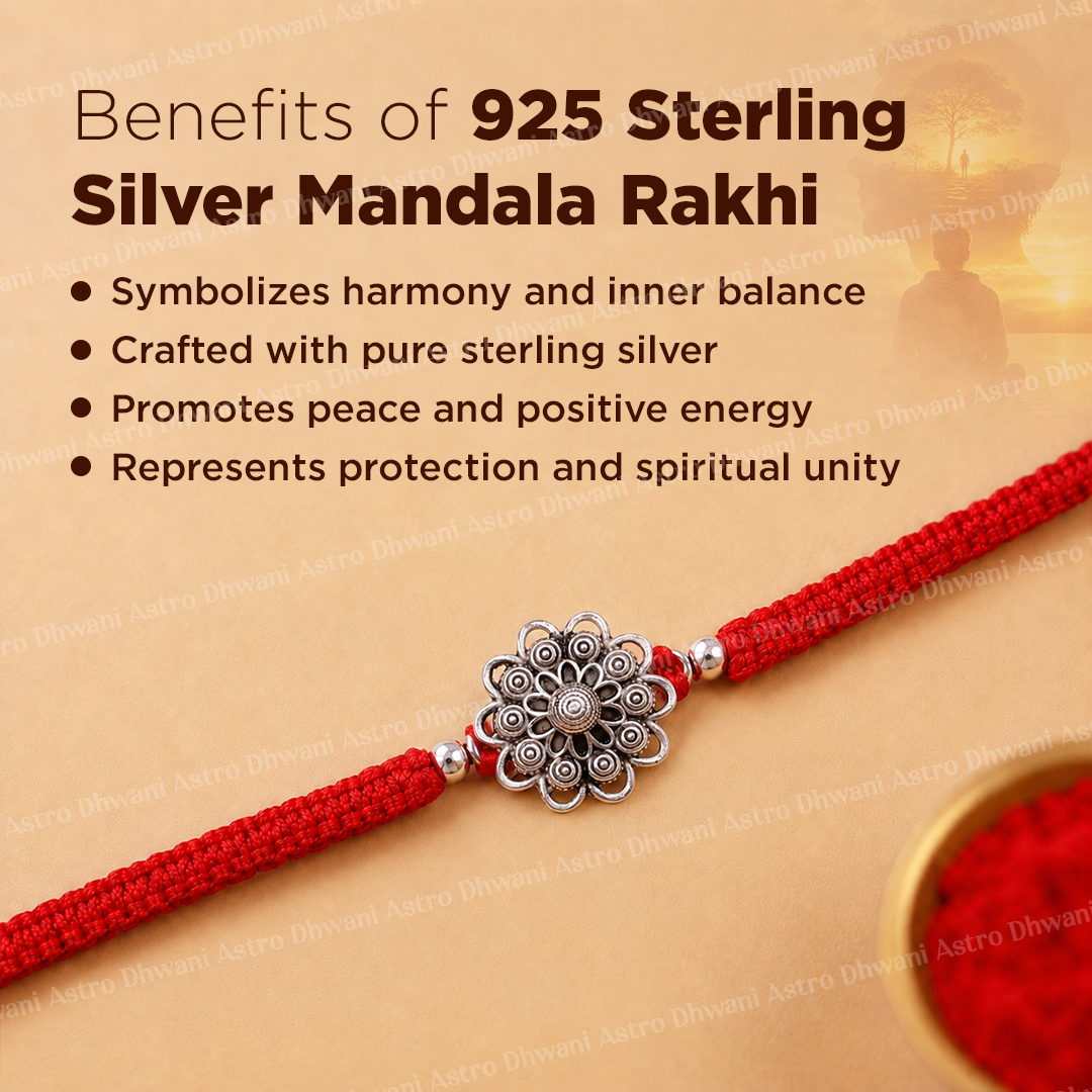 925 Sterling Silver Mandala Rakhi | Sacred Floral Raksha Bandhan Rakhi | Handmade Adjustable Silver Rakhi for Brother