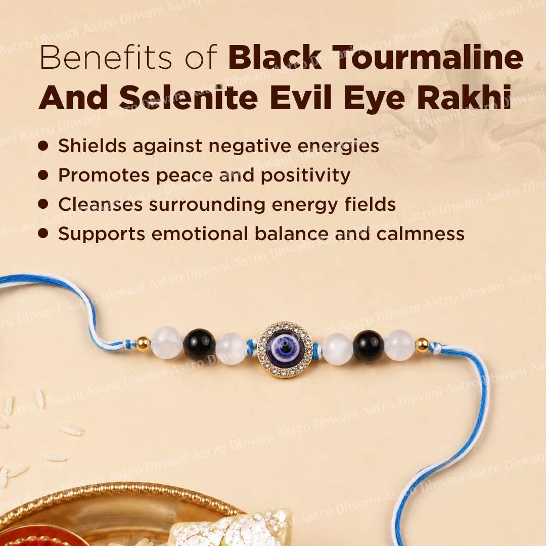 A black and blue evil eye rakhi with white, black, and blue beads, displayed on a beige background with promotional text about its benefits.