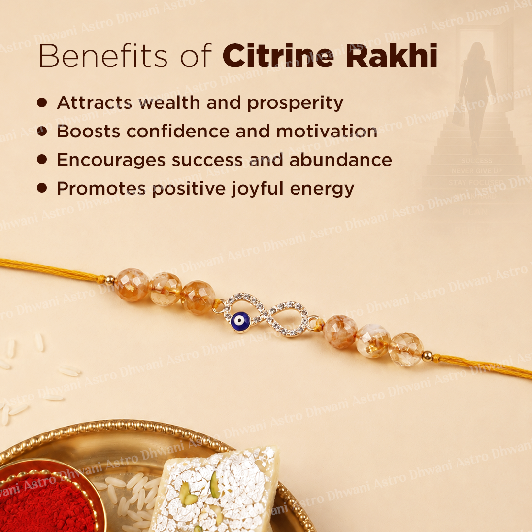 A citrine rakhi bracelet with clear round beads, a silver infinity symbol with a blue and white evil eye charm, and a gold cord, displayed on a beige background with promotional text about its benefits.