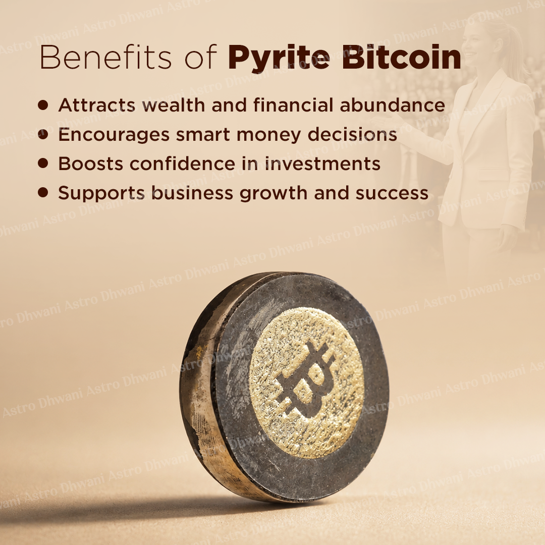 A promotional graphic for 'Pyrite Bitcoin' featuring a textured, metallic coin with a gold Bitcoin symbol on a dark, pyrite-like base. The background is a warm beige with text outlining benefits such as attracting wealth and financial abundance.