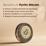 A promotional graphic for 'Pyrite Bitcoin' featuring a textured, metallic coin with a gold Bitcoin symbol on a dark, pyrite-like base. The background is a warm beige with text outlining benefits such as attracting wealth and financial abundance.