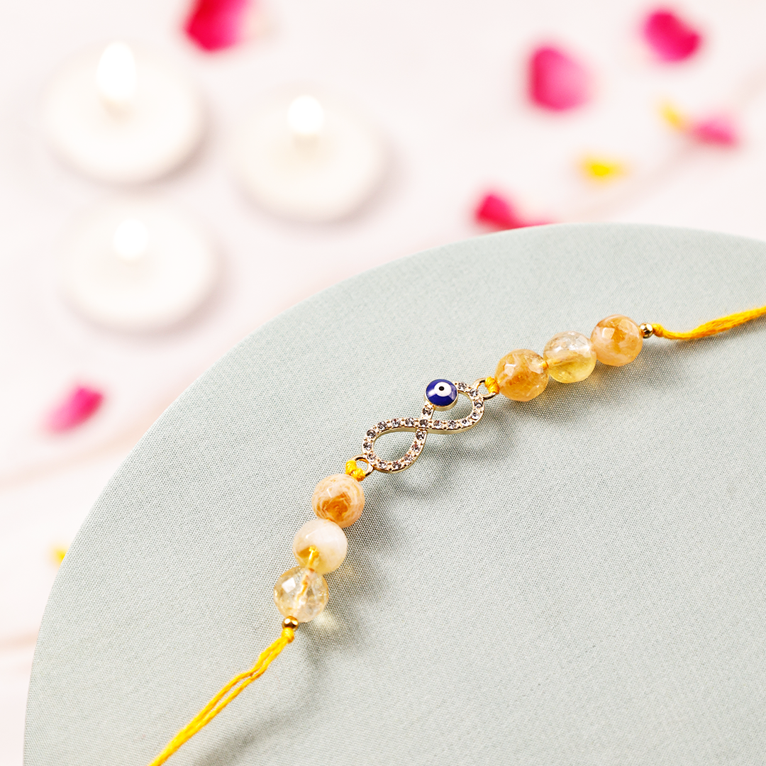 Citrine Evil Eye Rakhi | Natural Citrine Gemstone Rakhi | Infinity Charm Raksha Bandhan Bracelet | Handmade Spiritual Rakhi for Brother
