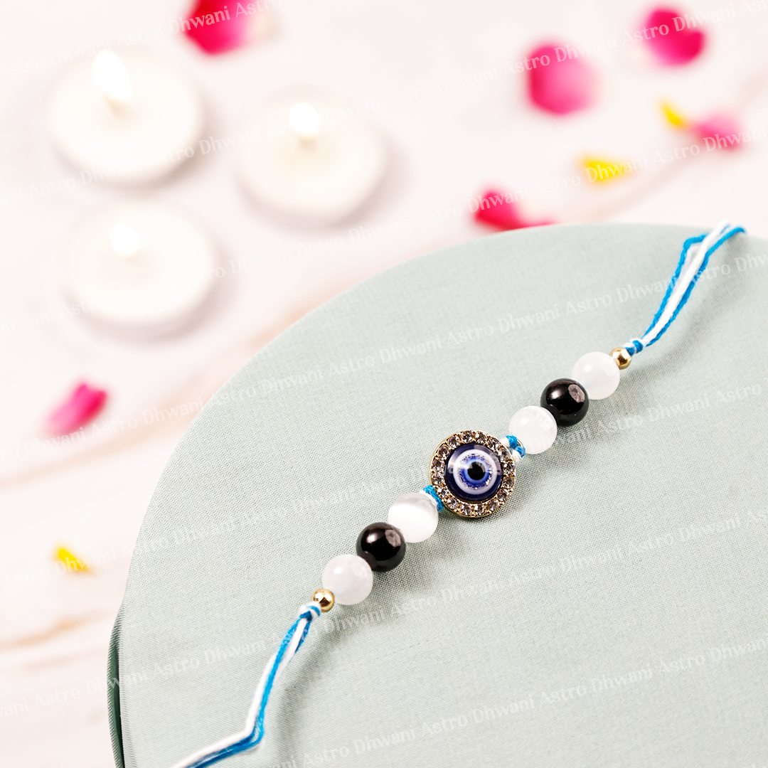 Black Tourmaline & Selenite Evil Eye Rakhi | Spiritual Protection Rakhi | Handcrafted Raksha Bandhan Rakhi