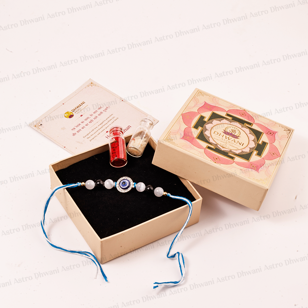Black Tourmaline & Selenite Evil Eye Rakhi | Spiritual Protection Rakhi | Handcrafted Raksha Bandhan Rakhi