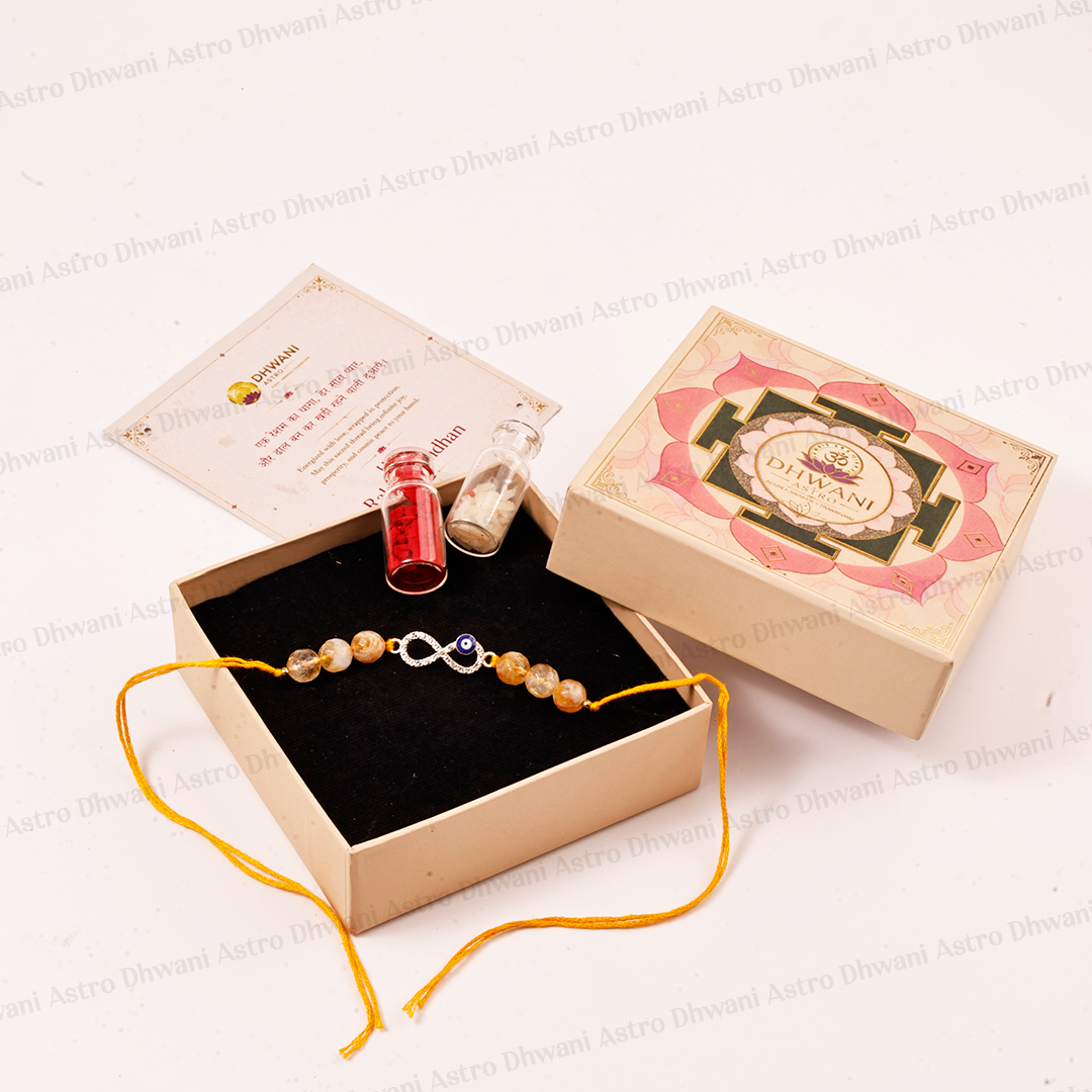 Citrine Evil Eye Rakhi | Natural Citrine Gemstone Rakhi | Infinity Charm Raksha Bandhan Bracelet | Handmade Spiritual Rakhi for Brother