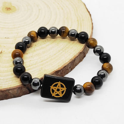 Triple Protection (Tiger Eye, Hematite, Obsidian, Black Agate Protection Coin) Bracelet - Abhimantrit & Certified