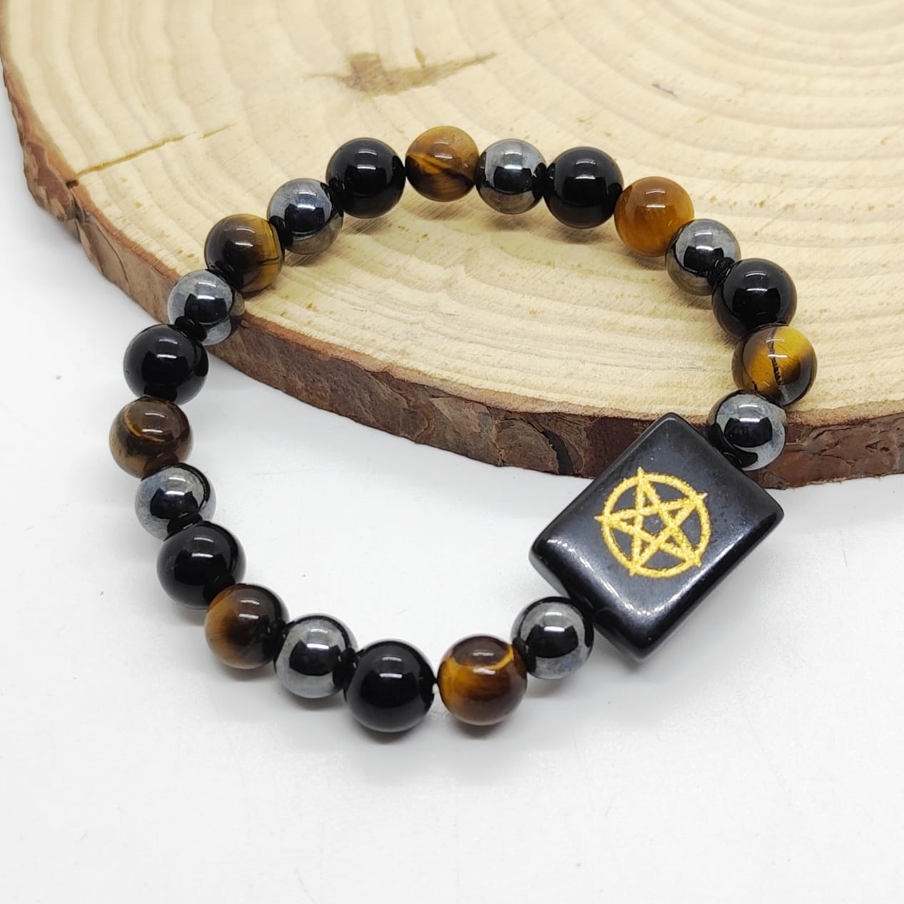 Triple Protection (Tiger Eye, Hematite, Obsidian, Black Agate Protection Coin) Bracelet - Abhimantrit & Certified