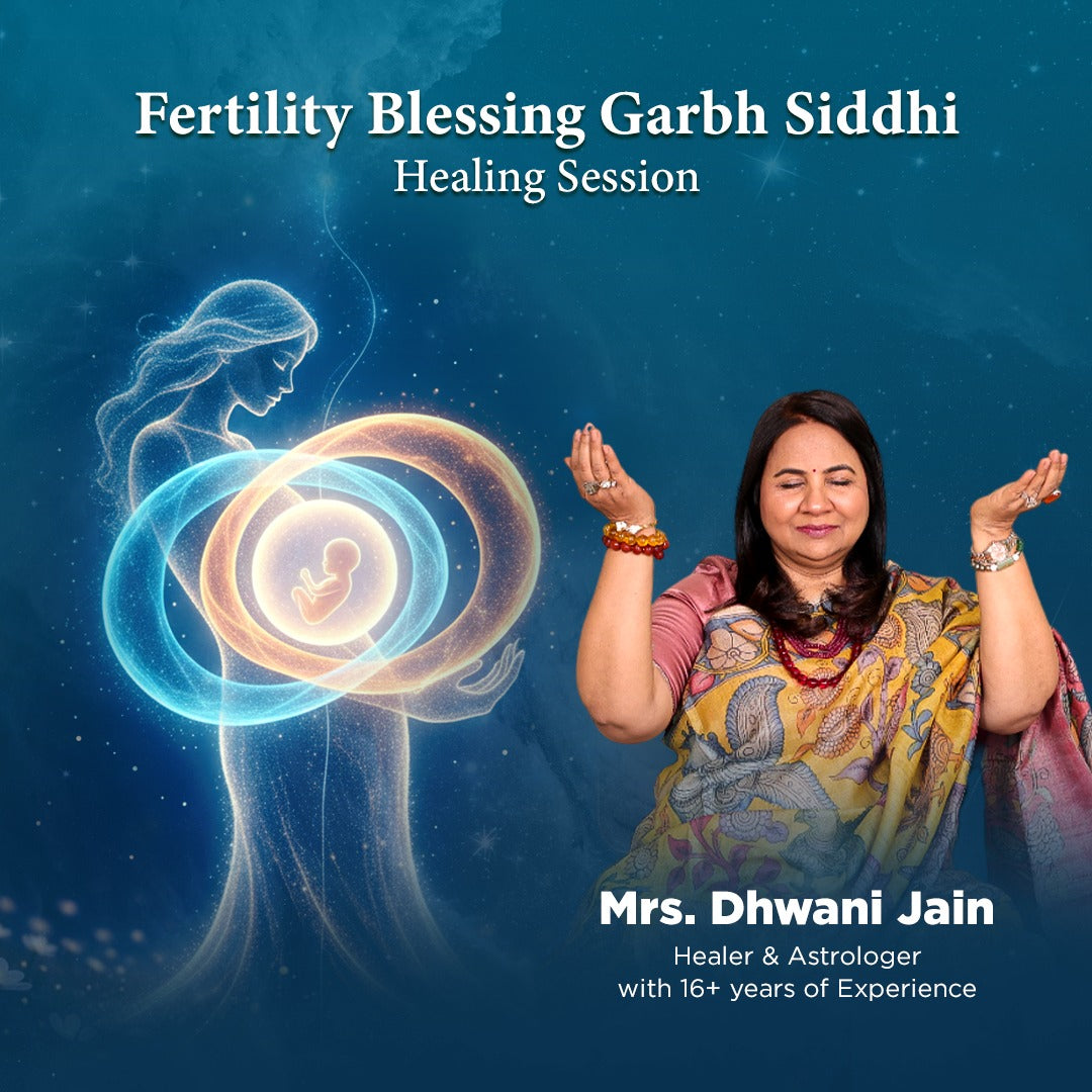 Promotional image for a Fertility Blessing Garbh Siddhi Healing Session with a woman in traditional attire against a blue background.