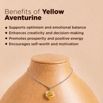 Yellow aventurine necklace on a wooden mannequin with text about its benefits.