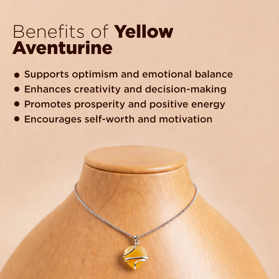 Yellow aventurine necklace on a wooden mannequin with text about its benefits.Yellow Aventurine Wrap Heart Pendant (Abhimantrit) for Confidence & Positivity