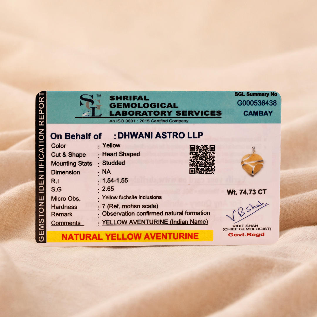 Shriful Gemological Laboratory Services certificate for a yellow aventurine stone on a beige background