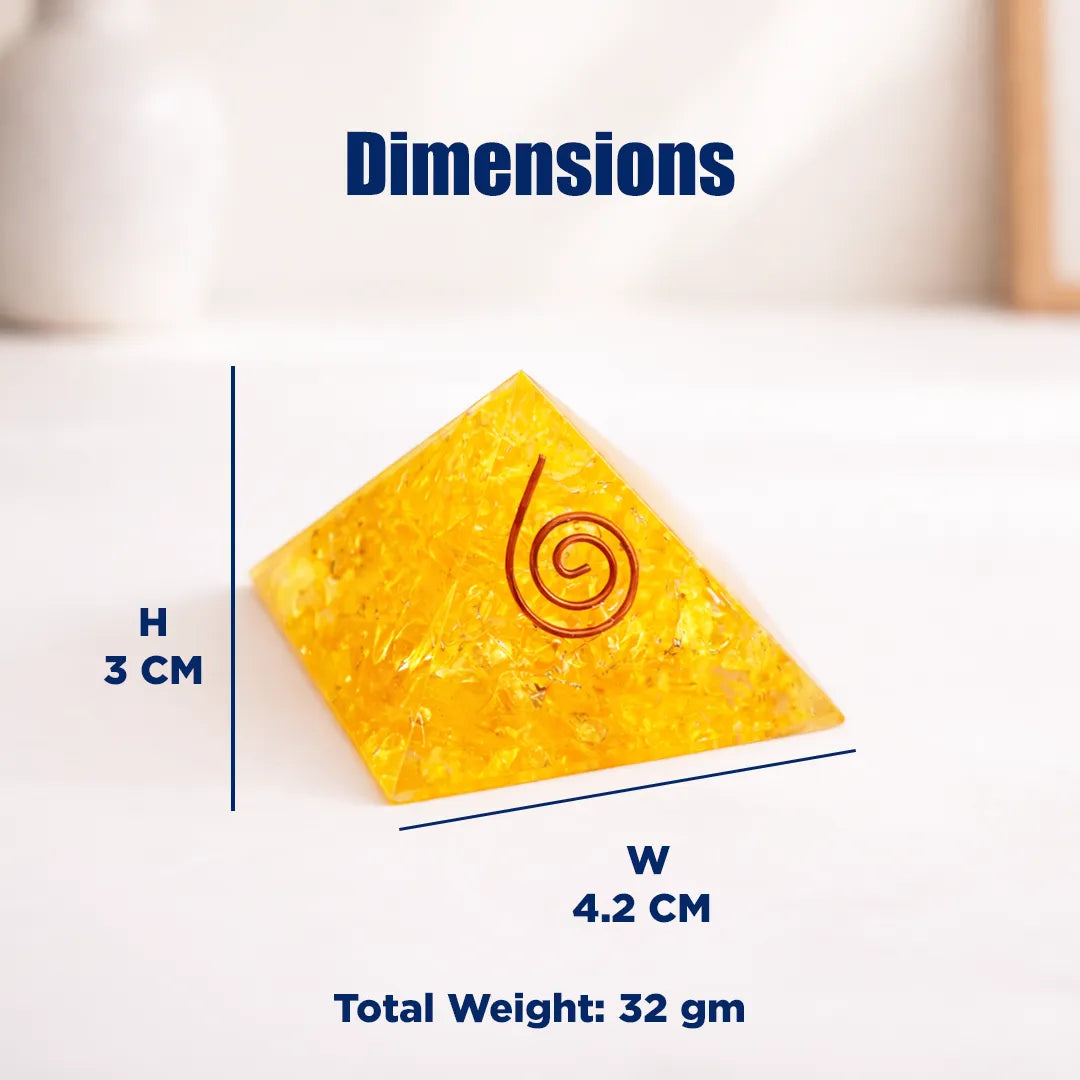 Yellow pyramid-shaped object with a spiral design, shown with measurements on a white background.Yellow Citrine Pyramid – Energy & Manifestation Crystal Pyramid
