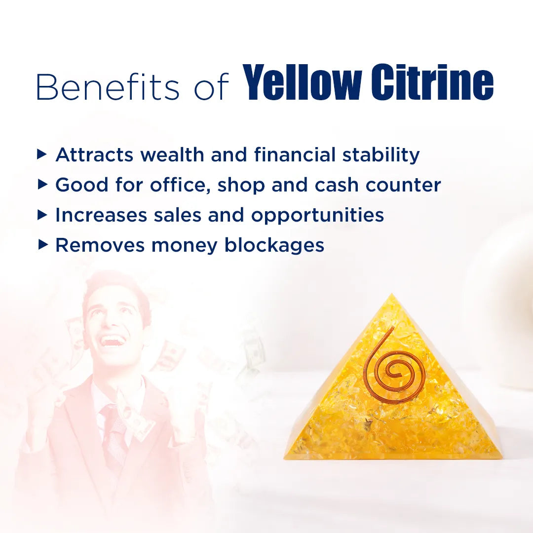 Yellow crystal pyramid with text listing benefits of yellow citrine on a white backgroundYellow Citrine Pyramid – Energy & Manifestation Crystal Pyramid