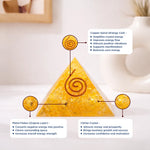 Citrine crystal pyramid with energy coil and metal flakes, labeled benefits on a neutral background.