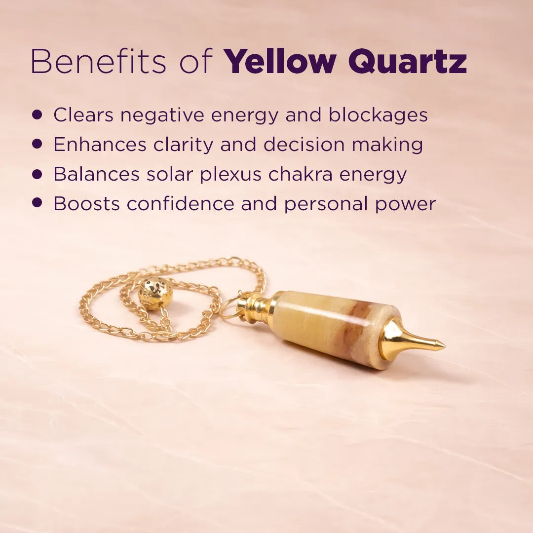 Yellow quartz crystal pendulum with benefits listed on a pink background
