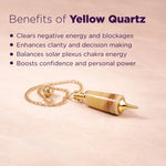Yellow quartz crystal pendulum with benefits listed on a pink background