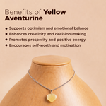 Yellow aventurine necklace on a wooden mannequin with text about its benefits.