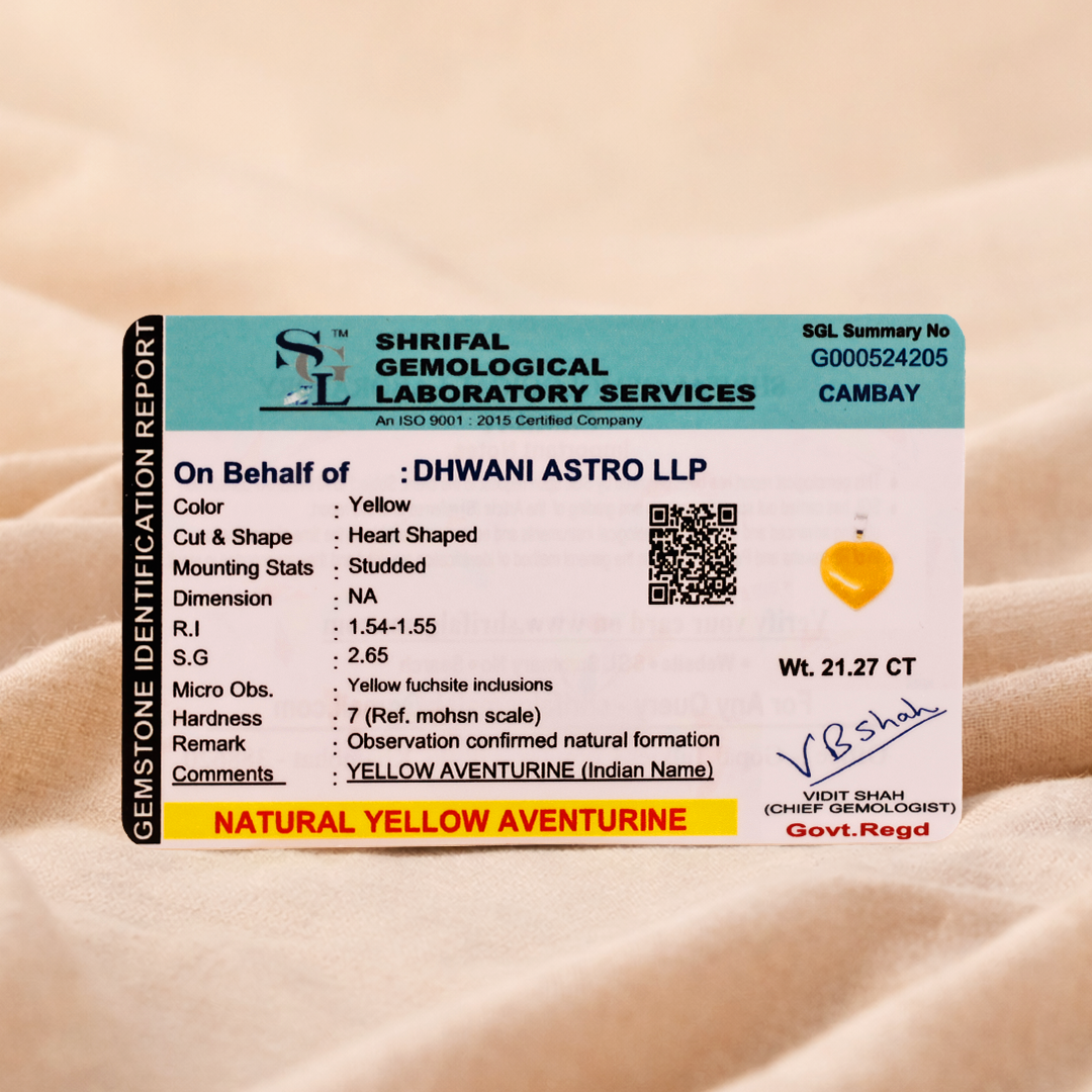 Shriful Gemological Laboratory Services identification report for yellow aventurine stone on a beige backgroundYellow Aventurine Heart Pendant (Abhimantrit) for Confidence & Positivity
