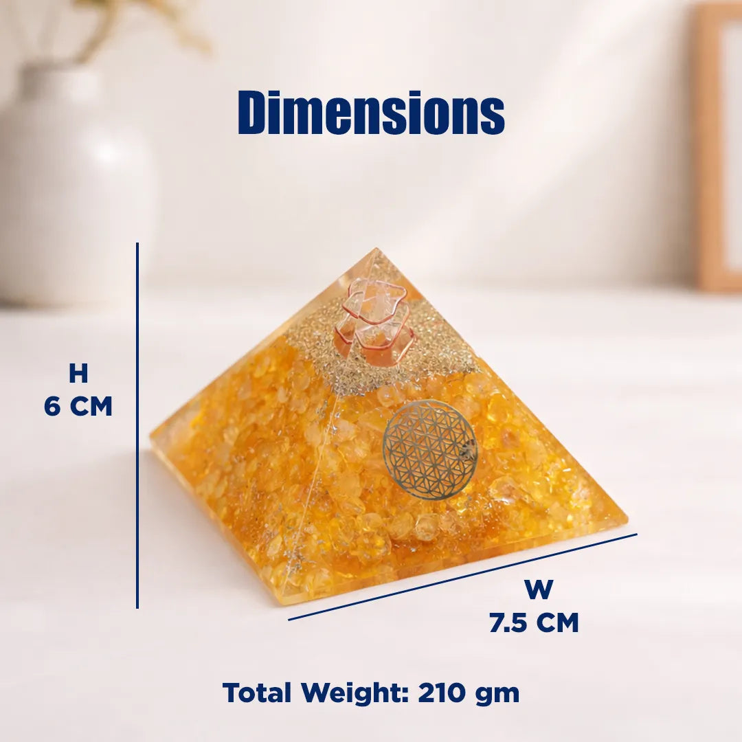 Pyramid-shaped object with measurements and weight displayed