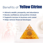 Yellow crystal pyramid with text listing benefits of yellow citrine on a white background