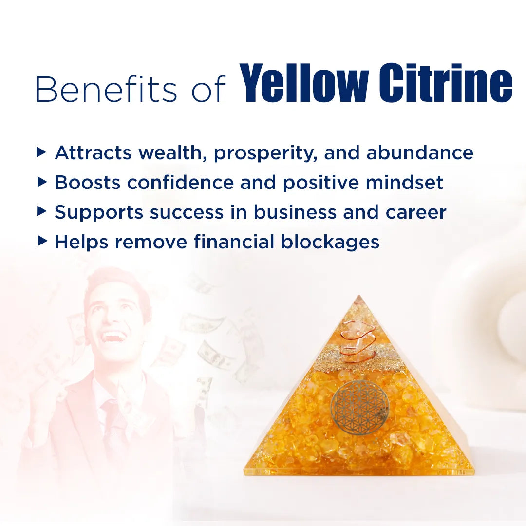 Yellow crystal pyramid with text listing benefits of yellow citrine on a white backgroundYellow Citrine Pyramid – Energy & Manifestation Crystal Pyramid