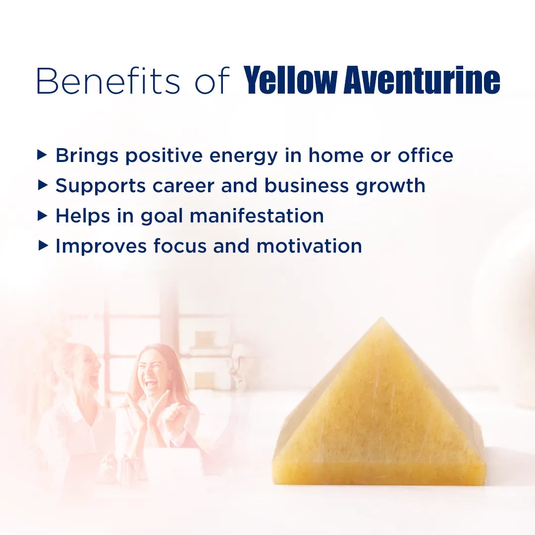 Yellow aventurine stone with text listing benefits on a blurred backgroundYellow Aventurine Small Pyramid – Confidence, Success & Positive Energy Crystal