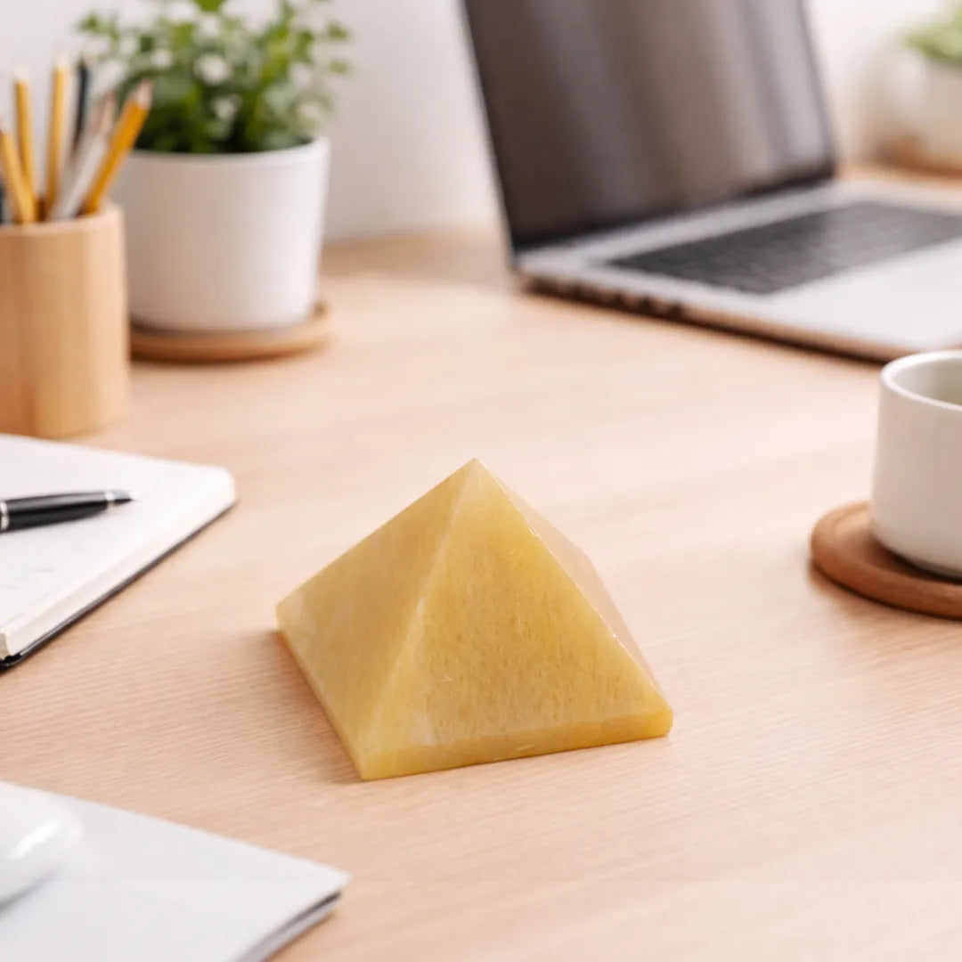 Pyramid-shaped object on a desk with a laptop, notebook, and cup in the background.Yellow Aventurine Small Pyramid – Confidence, Success & Positive Energy Crystal