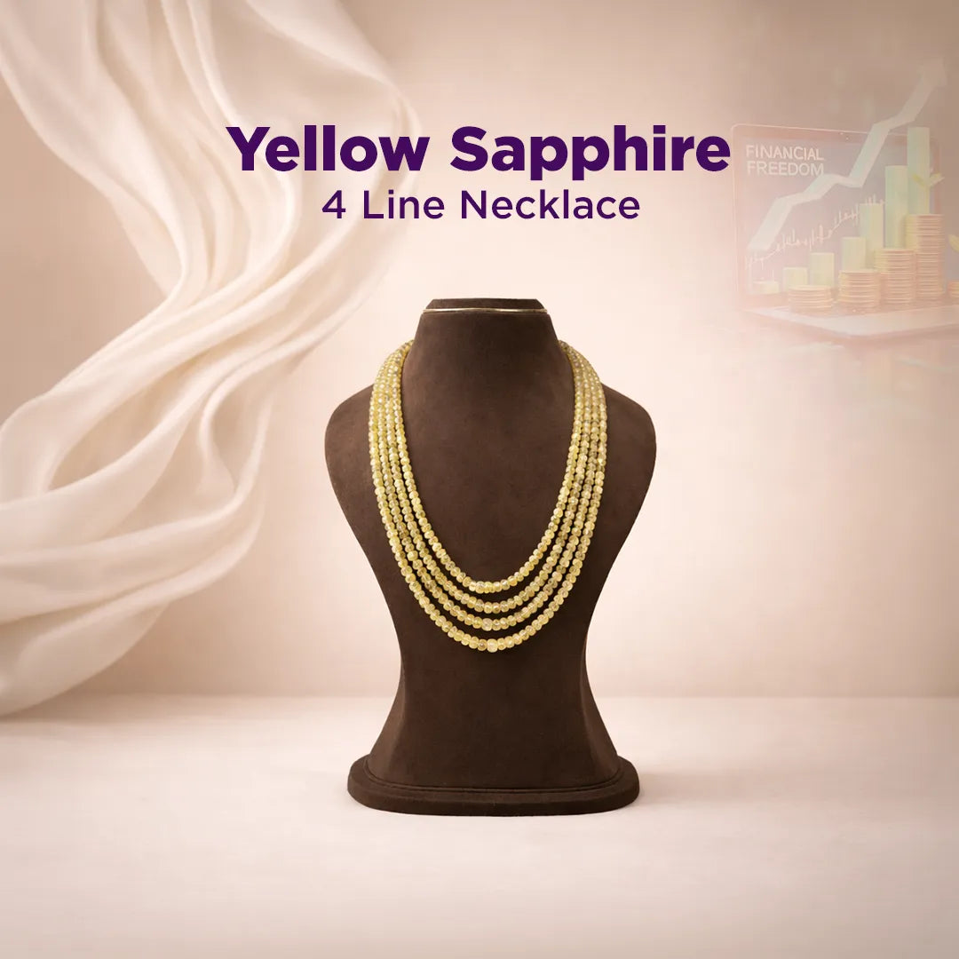 Yellow sapphire 4 line necklace on a mannequin bust with a soft background