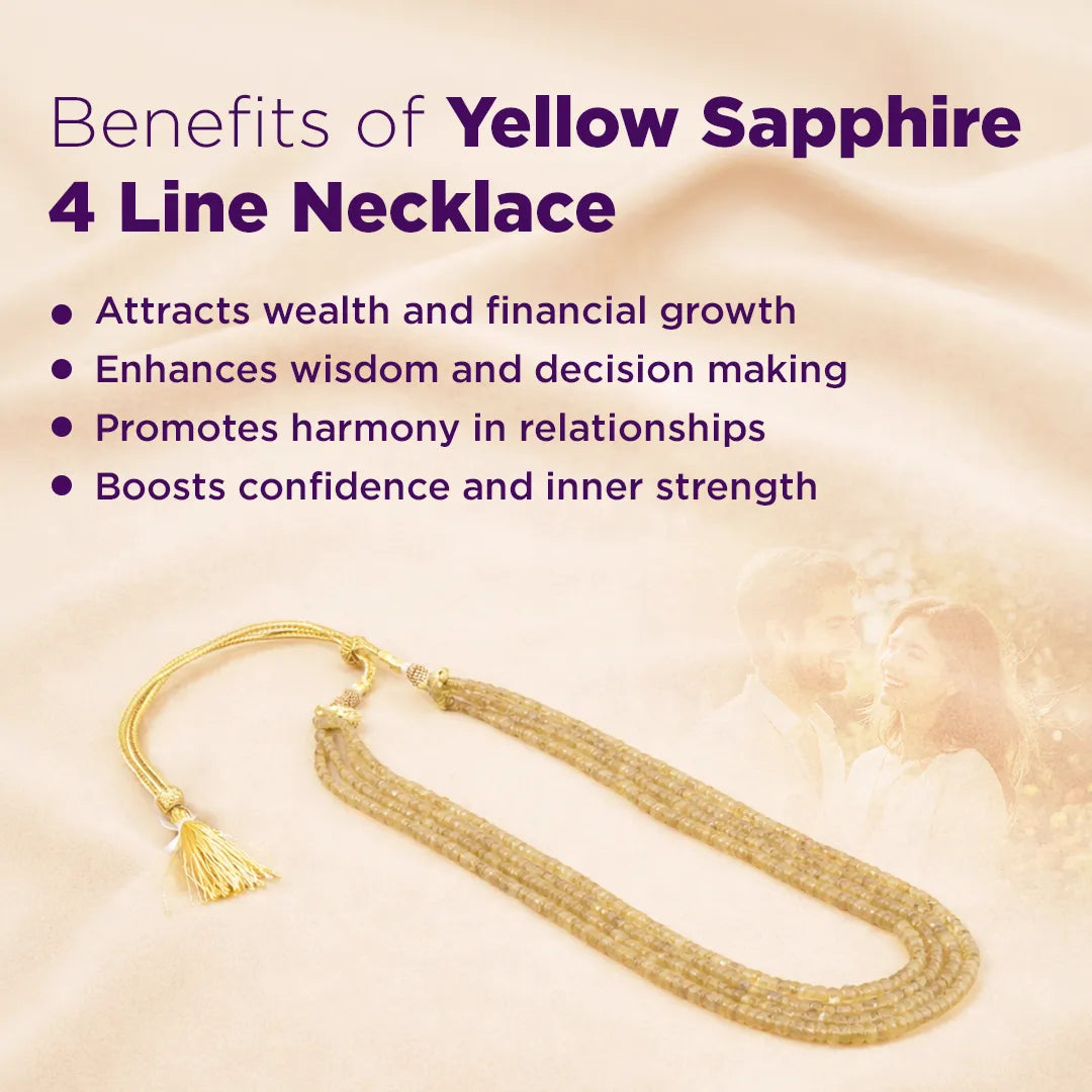 Yellow sapphire necklace with benefits listed on a soft beige backgroundYellow Sapphire 4 Line Necklace for Wealth, Success & Prosperity