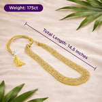 Gold necklace with tassel on a beige background with green leaves, showing weight and length measurements.